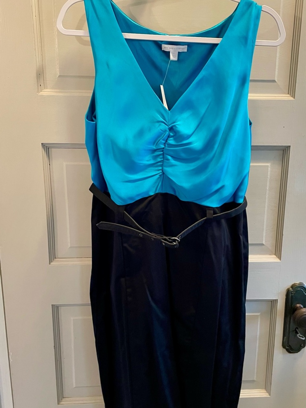 New York & Company Teal and Black Sleeveless V-Neck Midi Dress